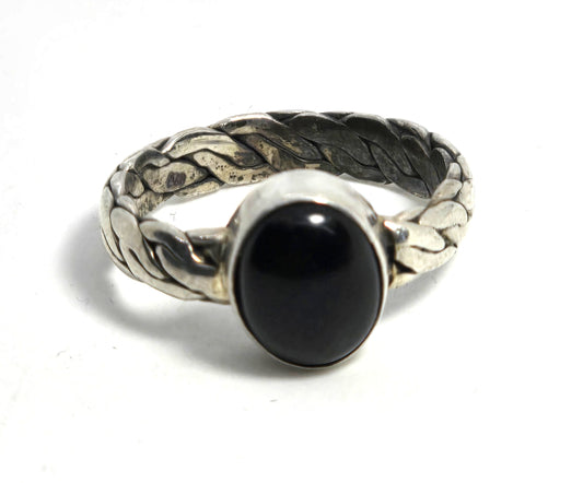 Black onyx simple braided band retro vintage sterling silver ring size 9