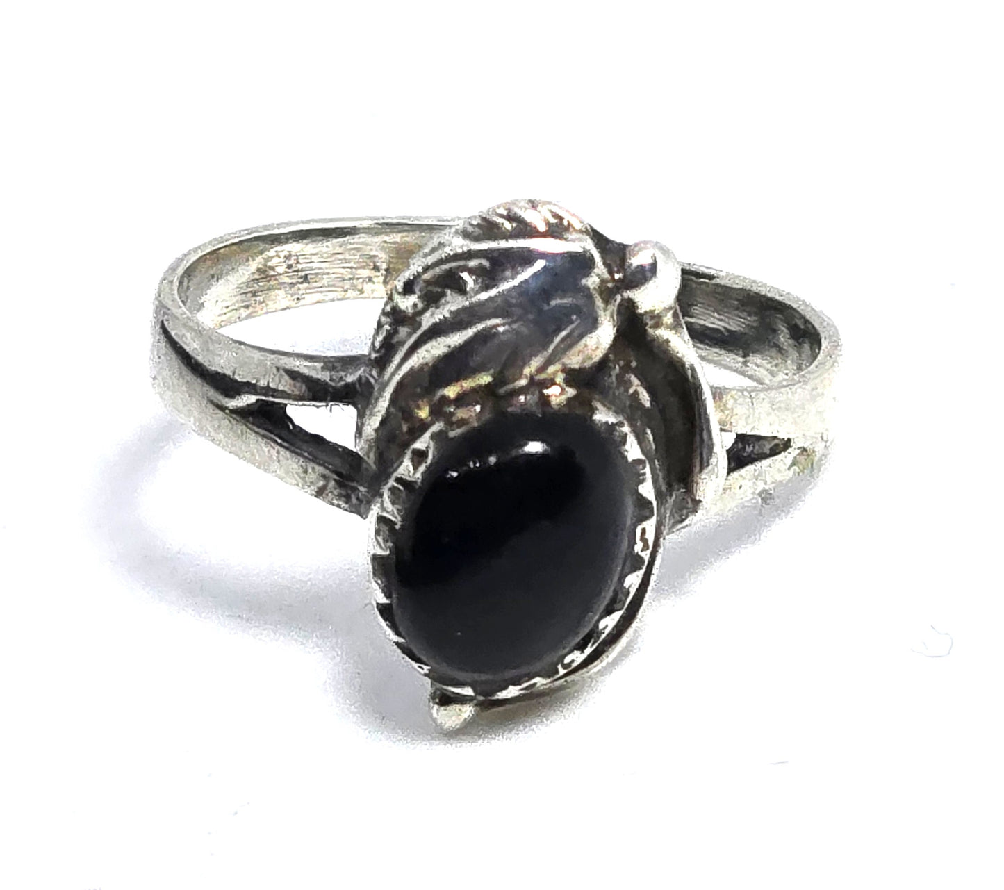 Navajo Black Onyx Feather sterling silver Native American vintage ring size 7.5