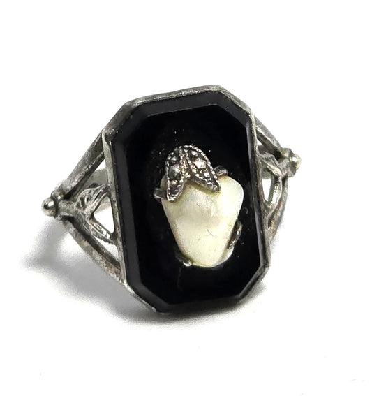 Art Deco black onyx and pearl  antique sterling silver ring size 6