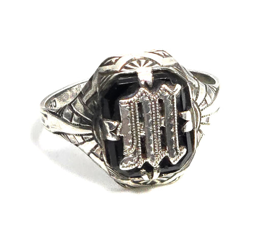 Otsby Barton Art Deco black onyx antique sterling silver M signet ring size 7.5