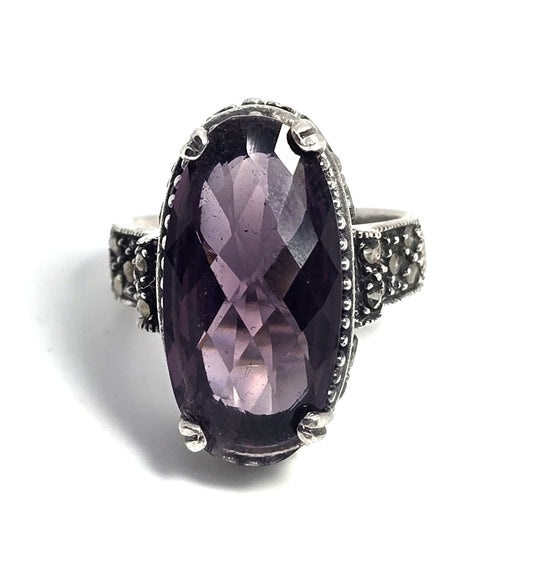 Large faceted cushion cut Purple paste marcasite sterling silver ring size 8.5