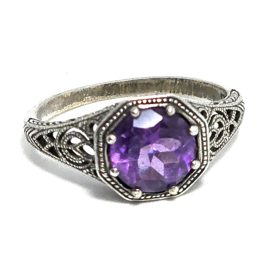 Amethyst scroll filigree sterling silver vintage Victorian style ring size 9