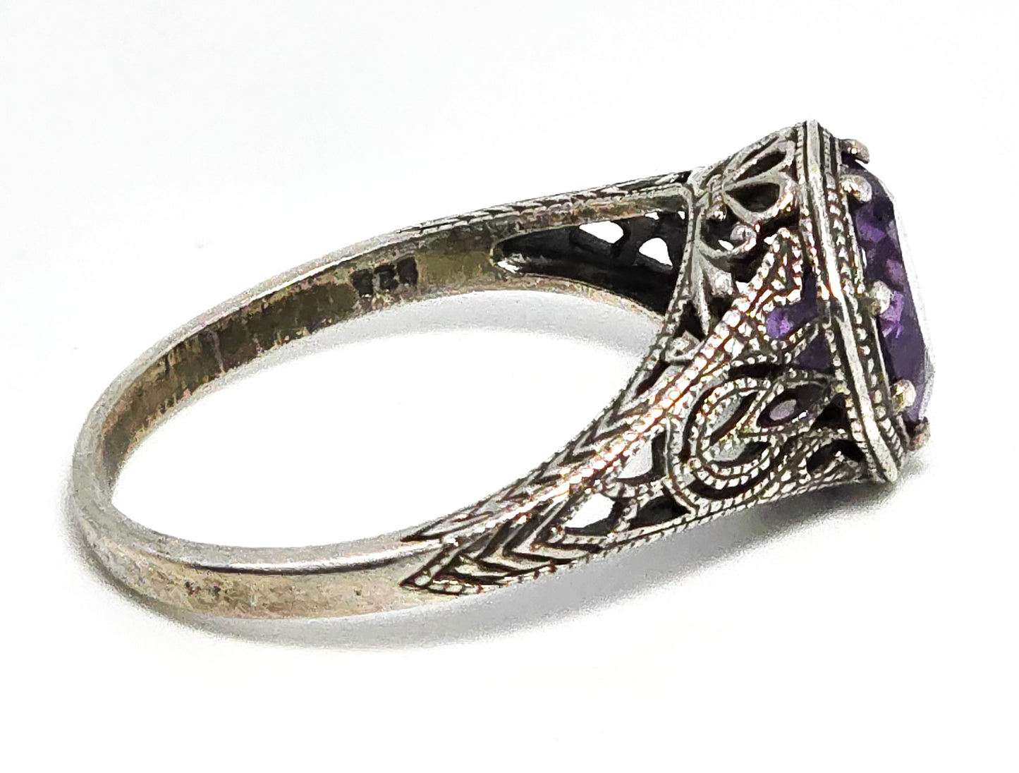 Amethyst scroll filigree sterling silver vintage Victorian style ring size 9