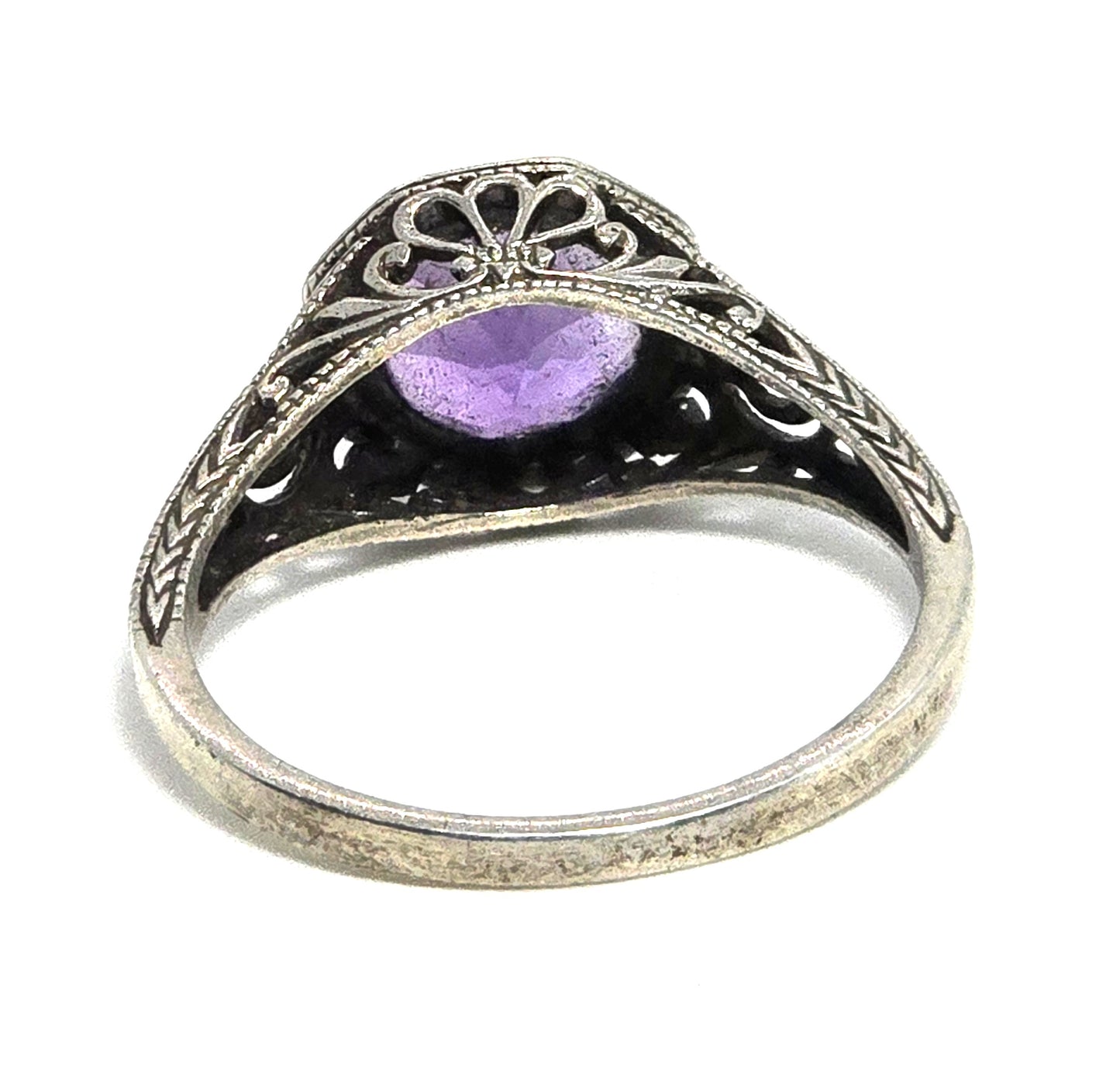Amethyst scroll filigree sterling silver vintage Victorian style ring size 9