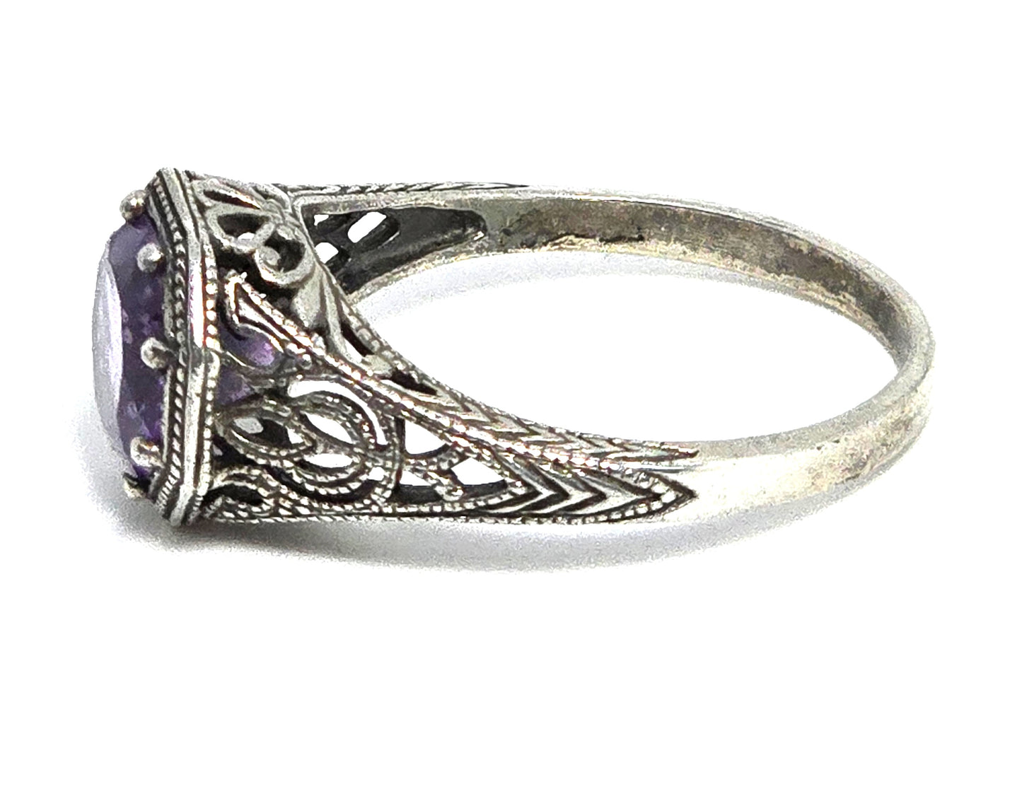 Amethyst scroll filigree sterling silver vintage Victorian style ring size 9