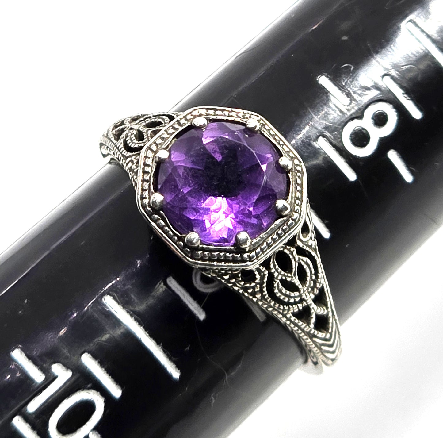 Amethyst scroll filigree sterling silver vintage Victorian style ring size 9