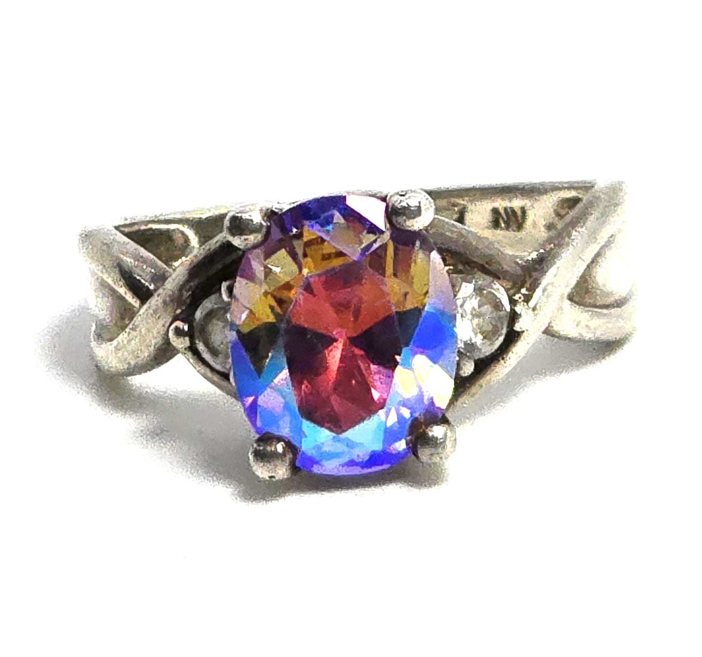 Mystic Topaz CZ oval cut synthetic topaz sterling silver solitaire ring size 7.5