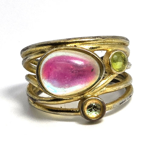 Rainbow glass opal vermeil gold over sterling silver wrapped stacker ring size 7.5