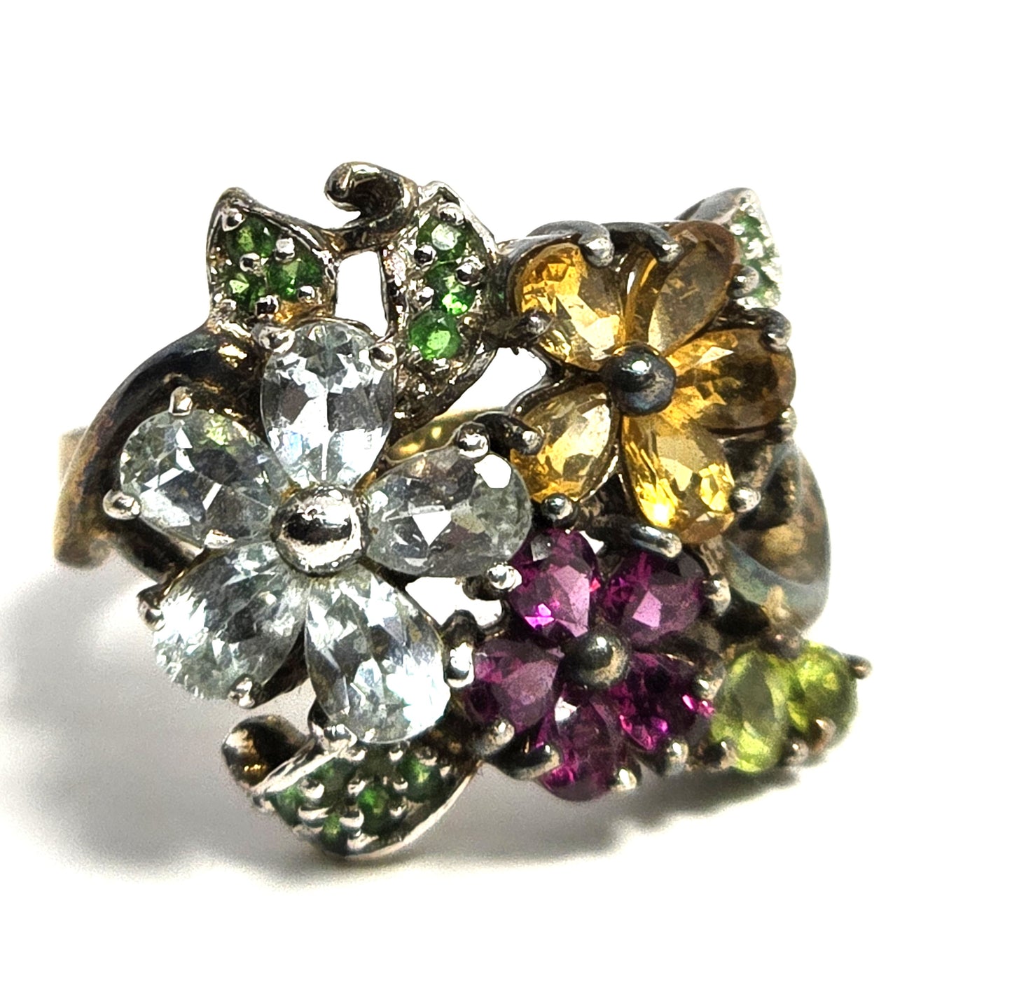 Gemstone flower large sterling Aqua Citrine Peridot Tourmaline ring size 9