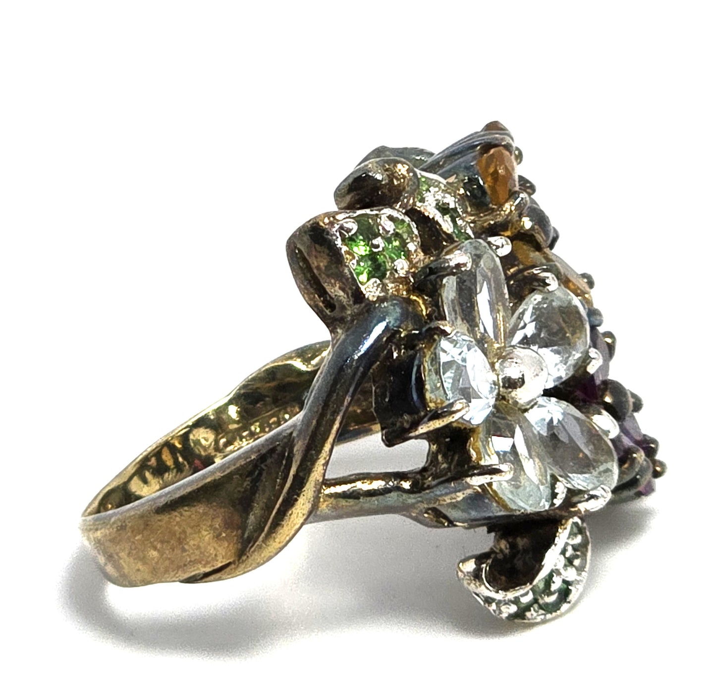 Gemstone flower large sterling Aqua Citrine Peridot Tourmaline ring size 9