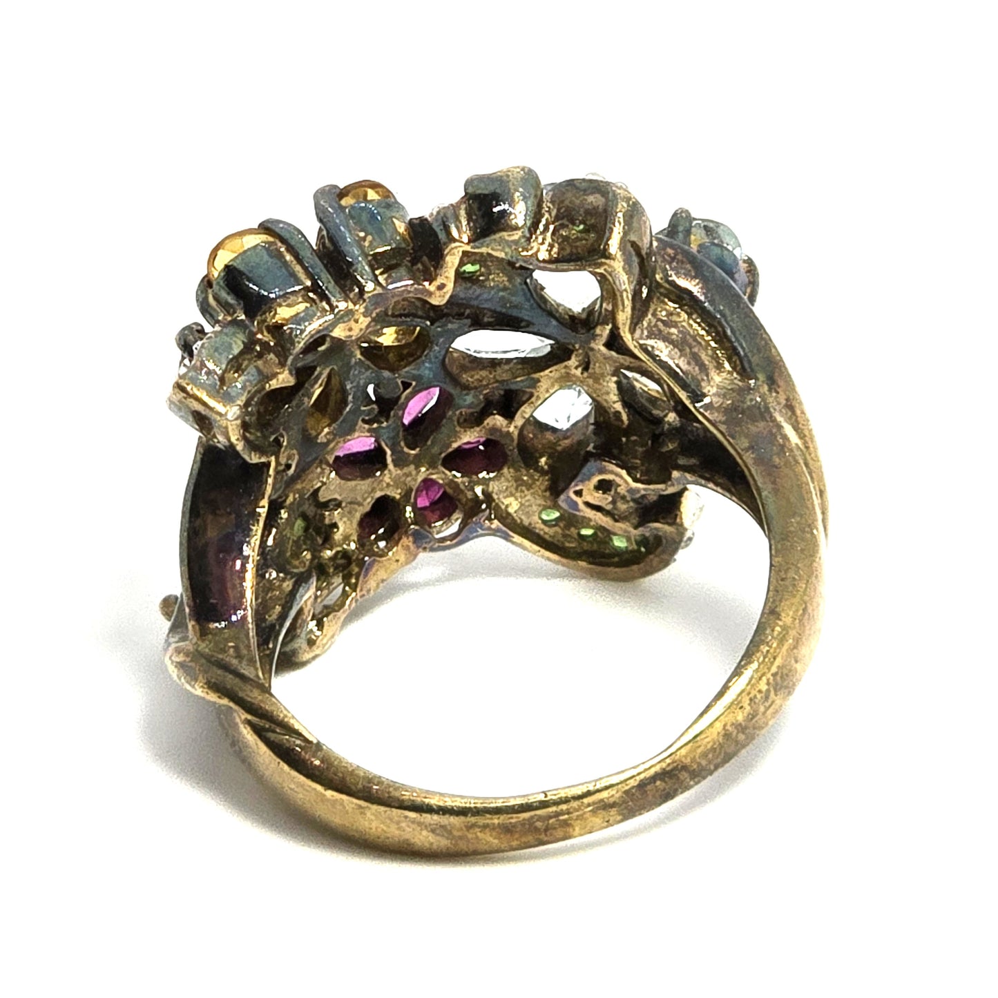 Gemstone flower large sterling Aqua Citrine Peridot Tourmaline ring size 9