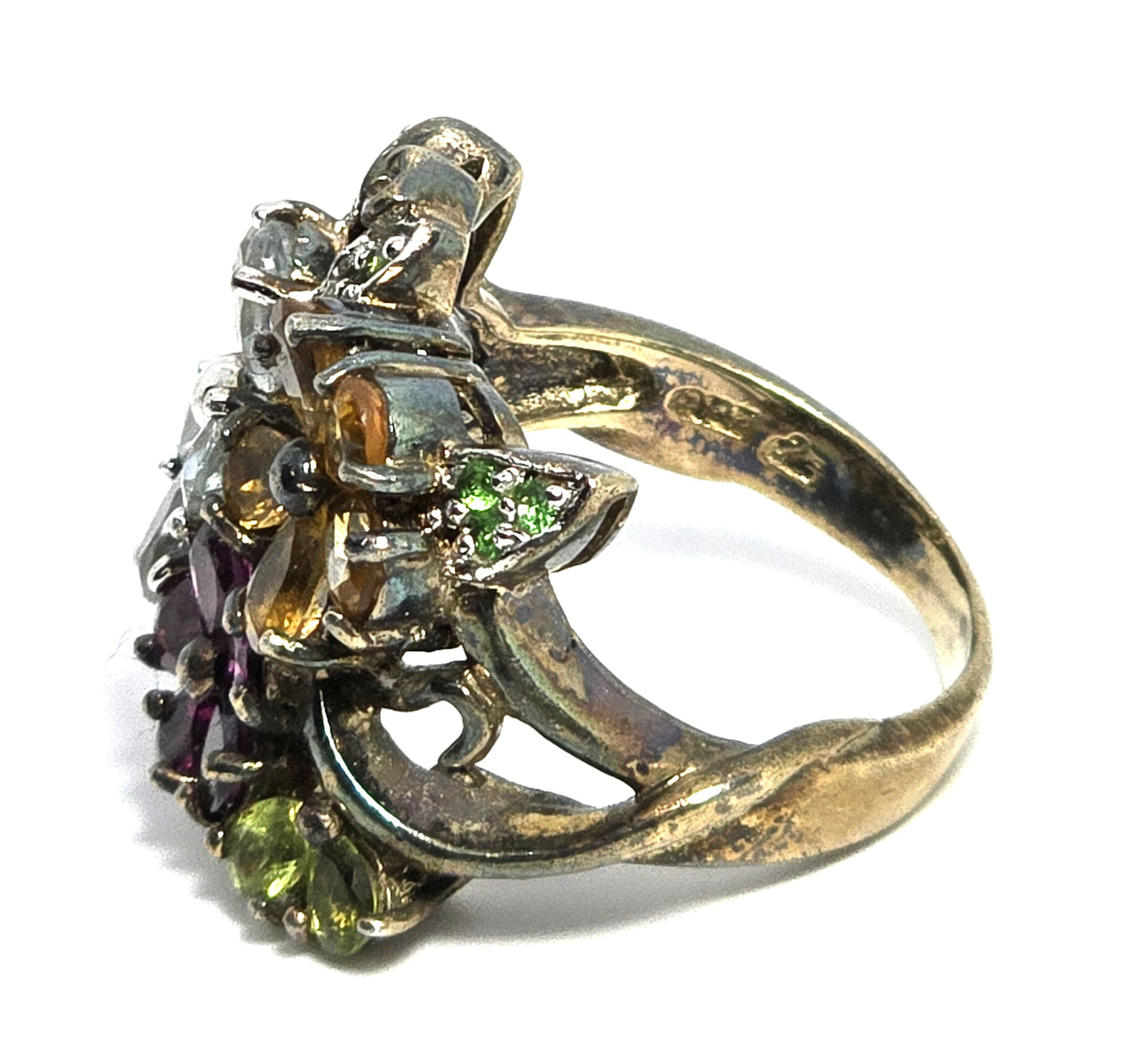 Gemstone flower large sterling Aqua Citrine Peridot Tourmaline ring size 9