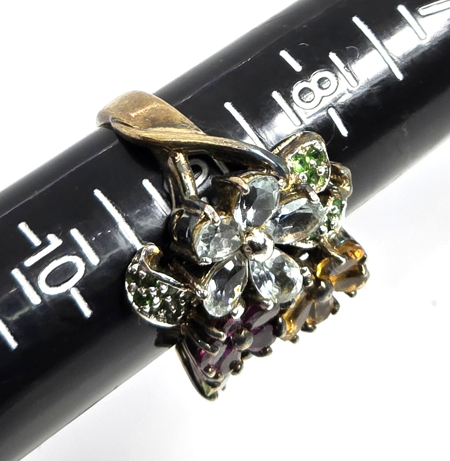 Gemstone flower large sterling Aqua Citrine Peridot Tourmaline ring size 9