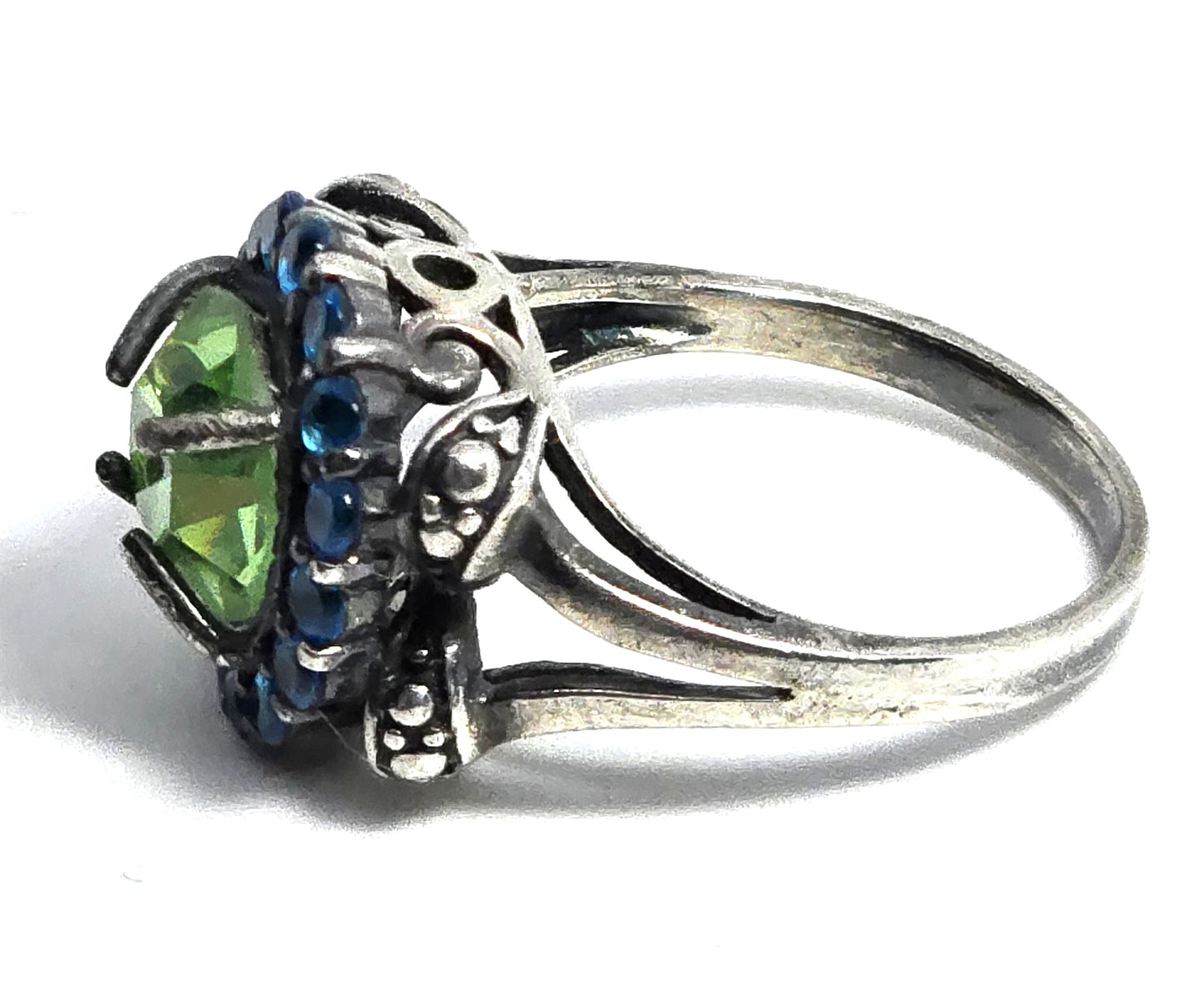 Uranium Glass UV glow blue rhinestone halo sterling silver KH ring size 6.5