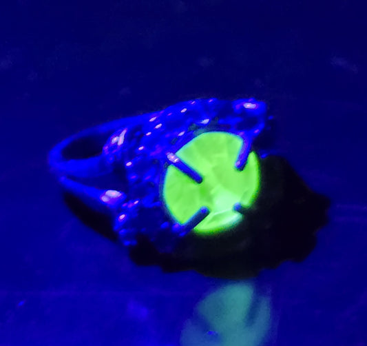 Uranium Glass UV glow blue rhinestone halo sterling silver KH ring size 6.5