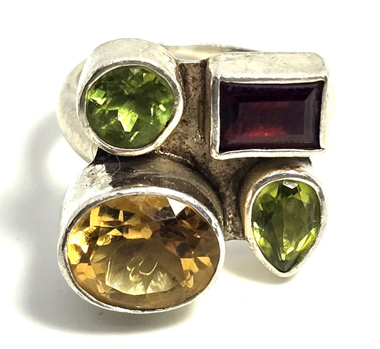 Large Multi gemstone Citrine Peridot Garnet sterling silver ring size 7.5