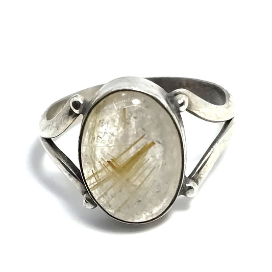Golden rutilated quartz large sterling silver vintage split shank ring size 7.5