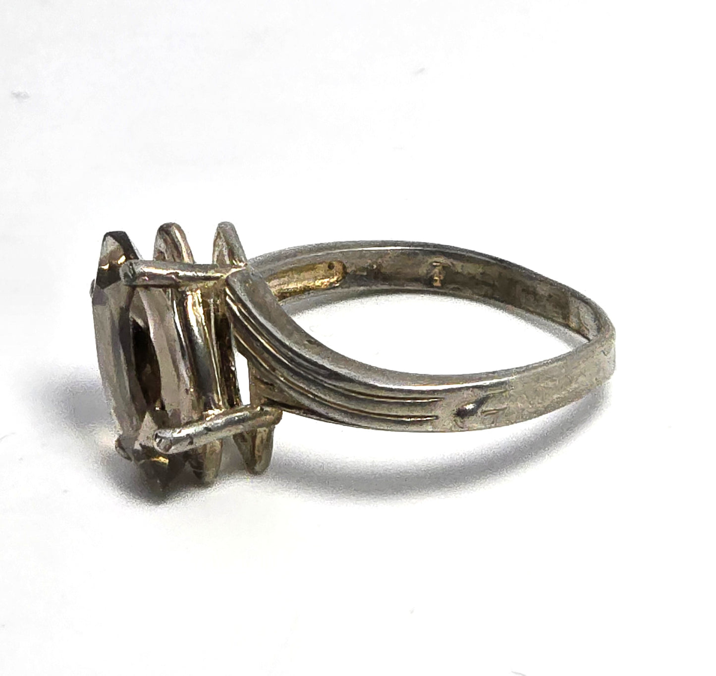 Smoky Quartz marquis cut prong set gemstone vintage sterling silver ring size 7
