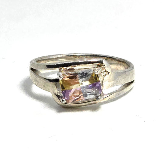 Rainbow multi colored Cubic Zirconia CZ sterling silver solitaire ring size 7