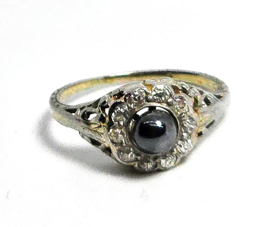 Black pearl diamond halo etched vintage 14k white gold ring size 5