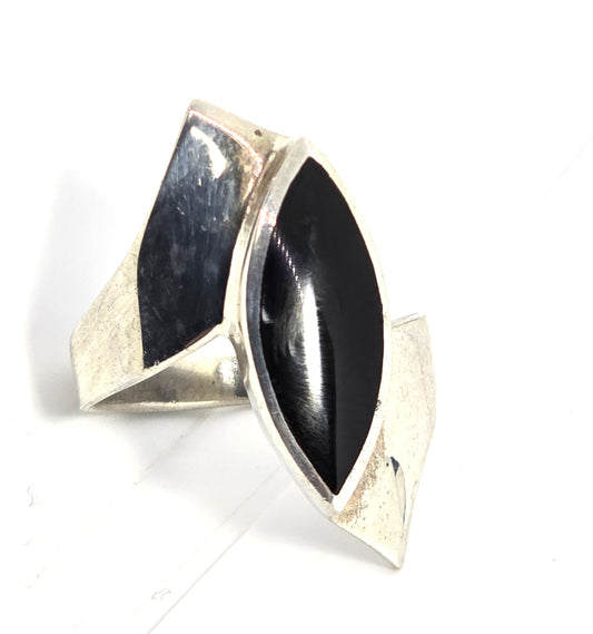 Black onyx gemstone large retro abstract vintage sterling silver ring size 10