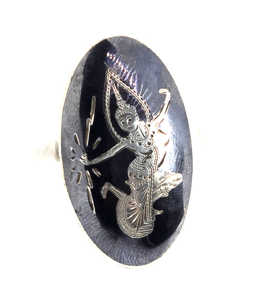 Siam Nielloware black enamel Maleka goddess sterling silver vintage adjustable ring size 11