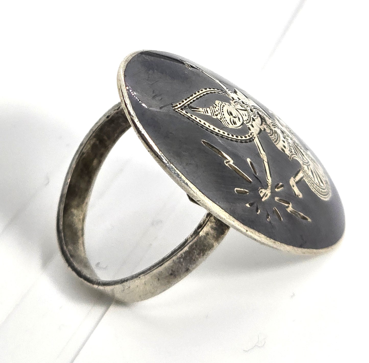 Siam Nielloware black enamel Maleka goddess sterling silver vintage adjustable ring size 11