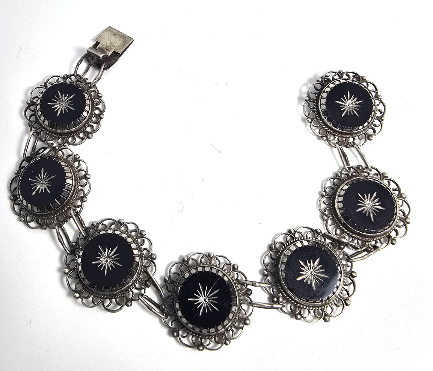 ALC Guadalajara Mexican Star black glass sterling silver vintage bracelet