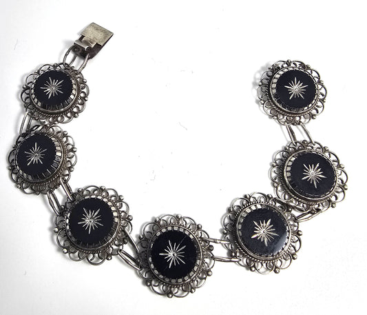 ALC Guadalajara Mexican Star black glass sterling silver vintage bracelet