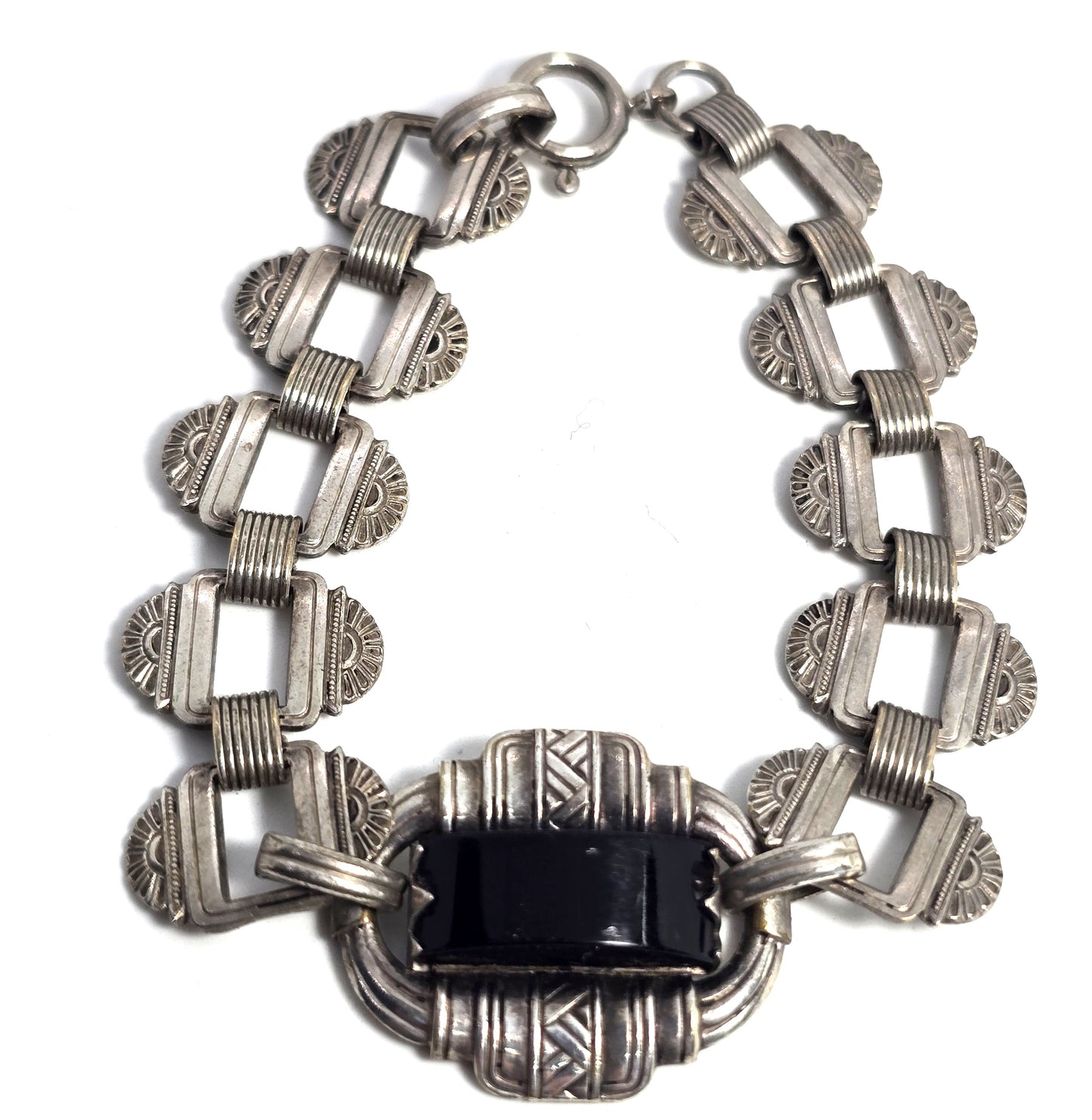 Antique Art Deco Embossed link Black glass Geometric German silver bracelet