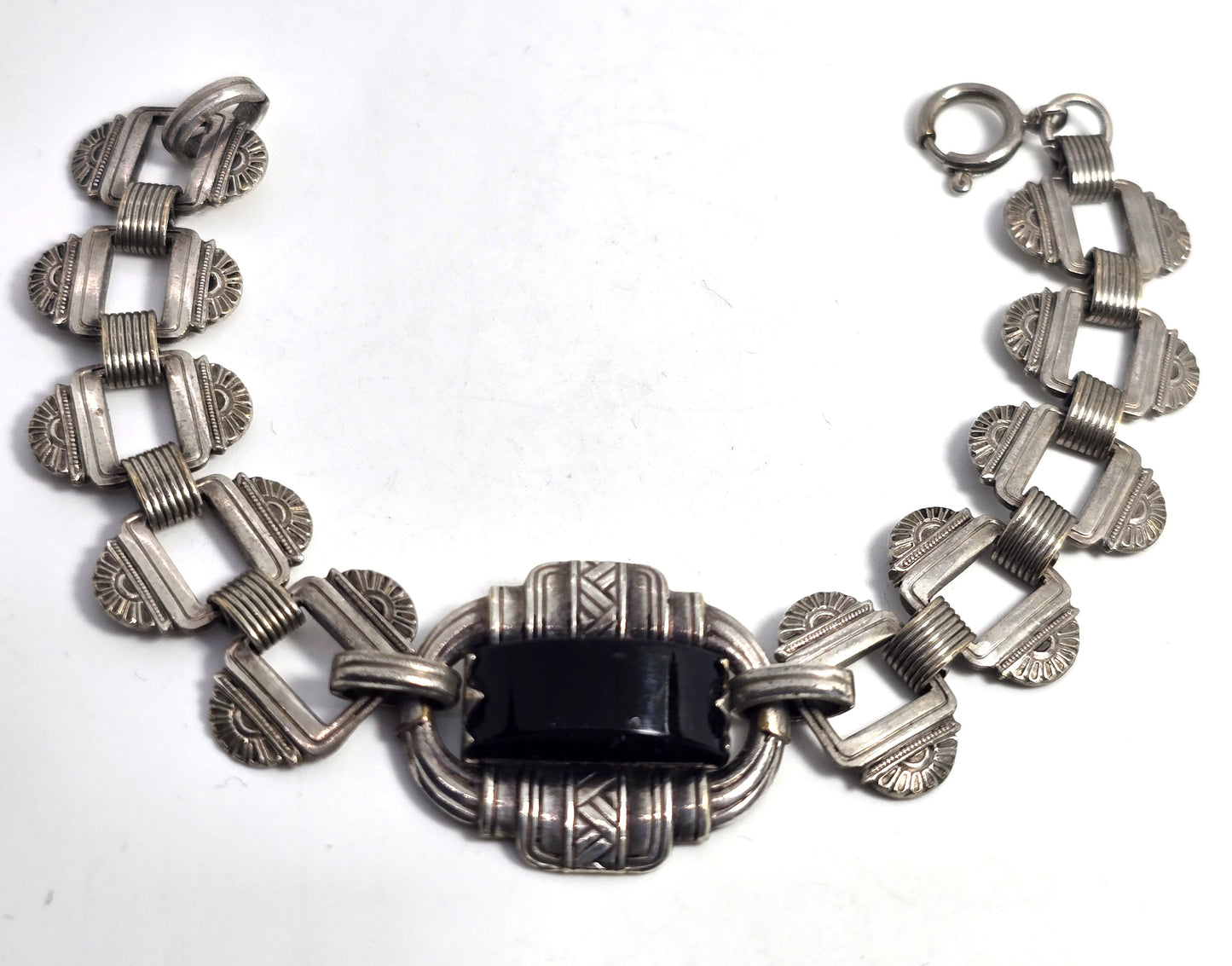 Antique Art Deco Embossed link Black glass Geometric German silver bracelet