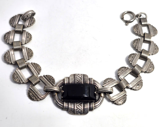 Antique Art Deco Embossed link Black glass Geometric German silver bracelet