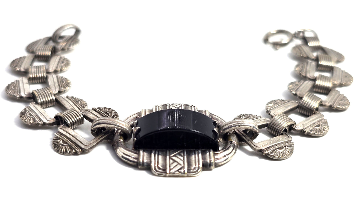 Antique Art Deco Embossed link Black glass Geometric German silver bracelet