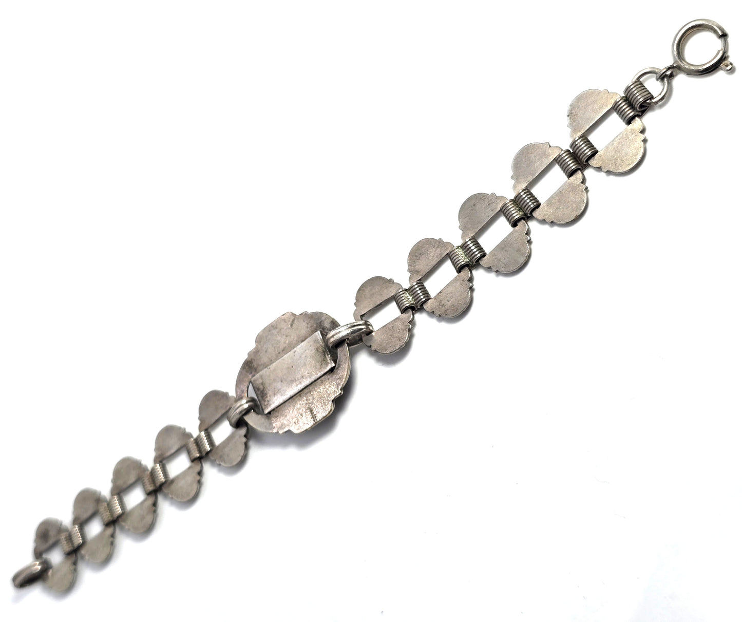 Antique Art Deco Embossed link Black glass Geometric German silver bracelet