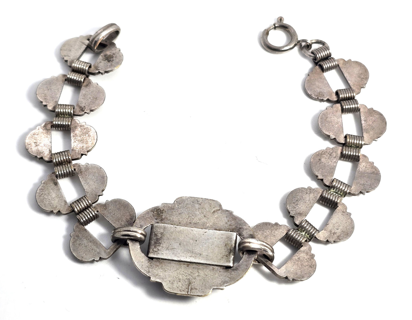 Antique Art Deco Embossed link Black glass Geometric German silver bracelet