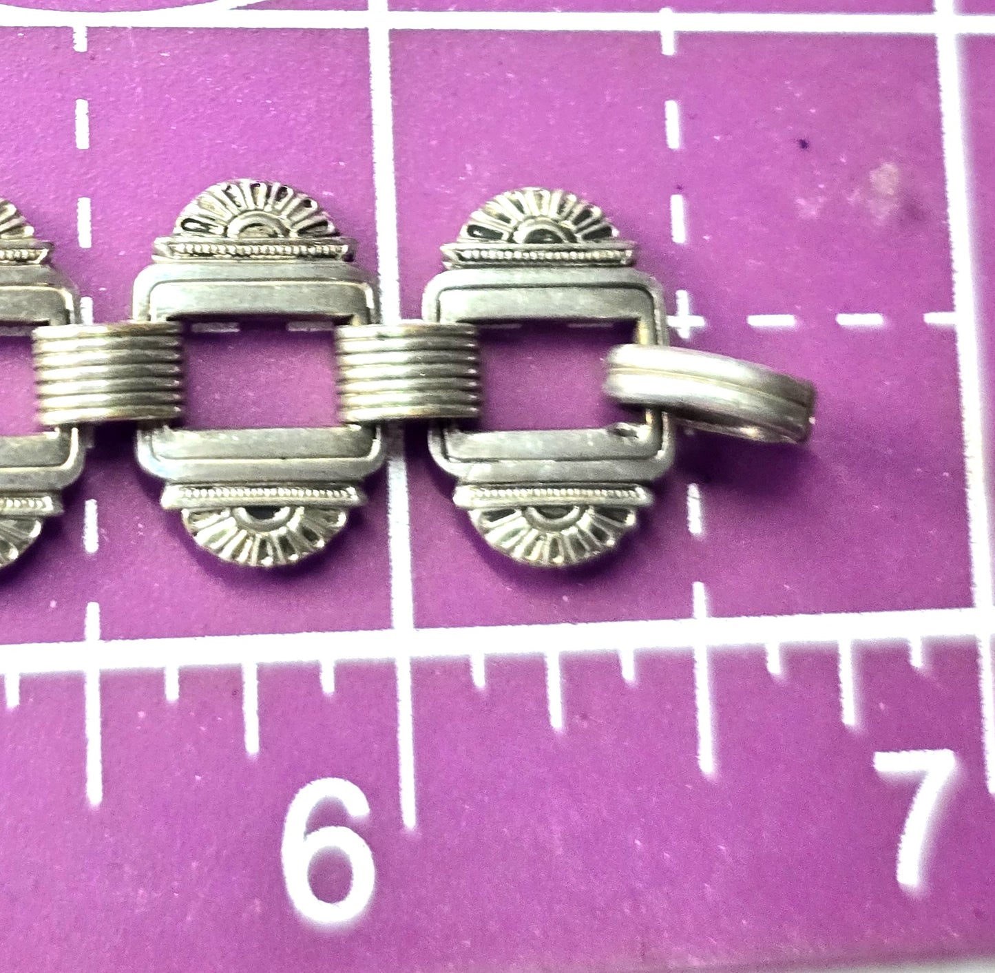Antique Art Deco Embossed link Black glass Geometric German silver bracelet
