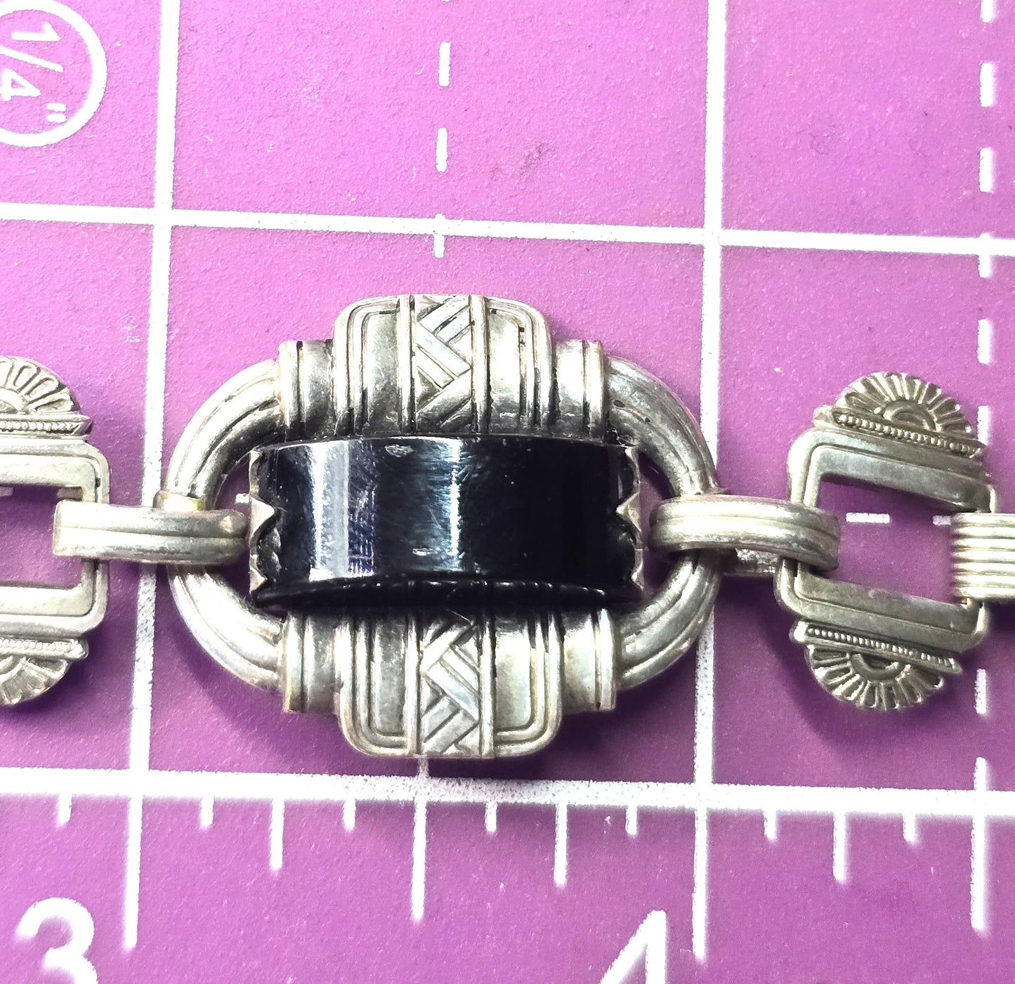 Antique Art Deco Embossed link Black glass Geometric German silver bracelet