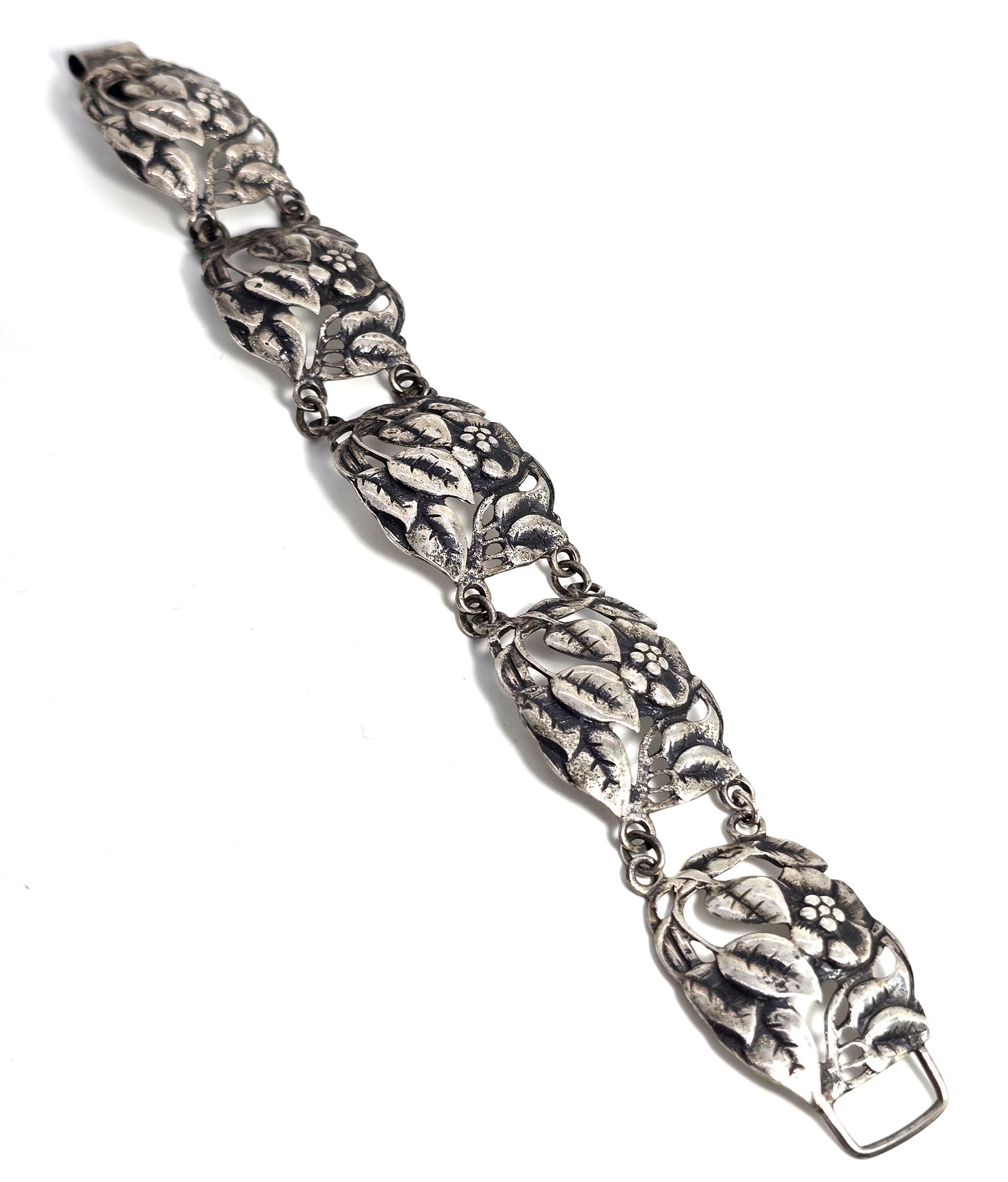 Danecraft FCo Art Deco Flower panel Sterling silver vintage signed 7" bracelet