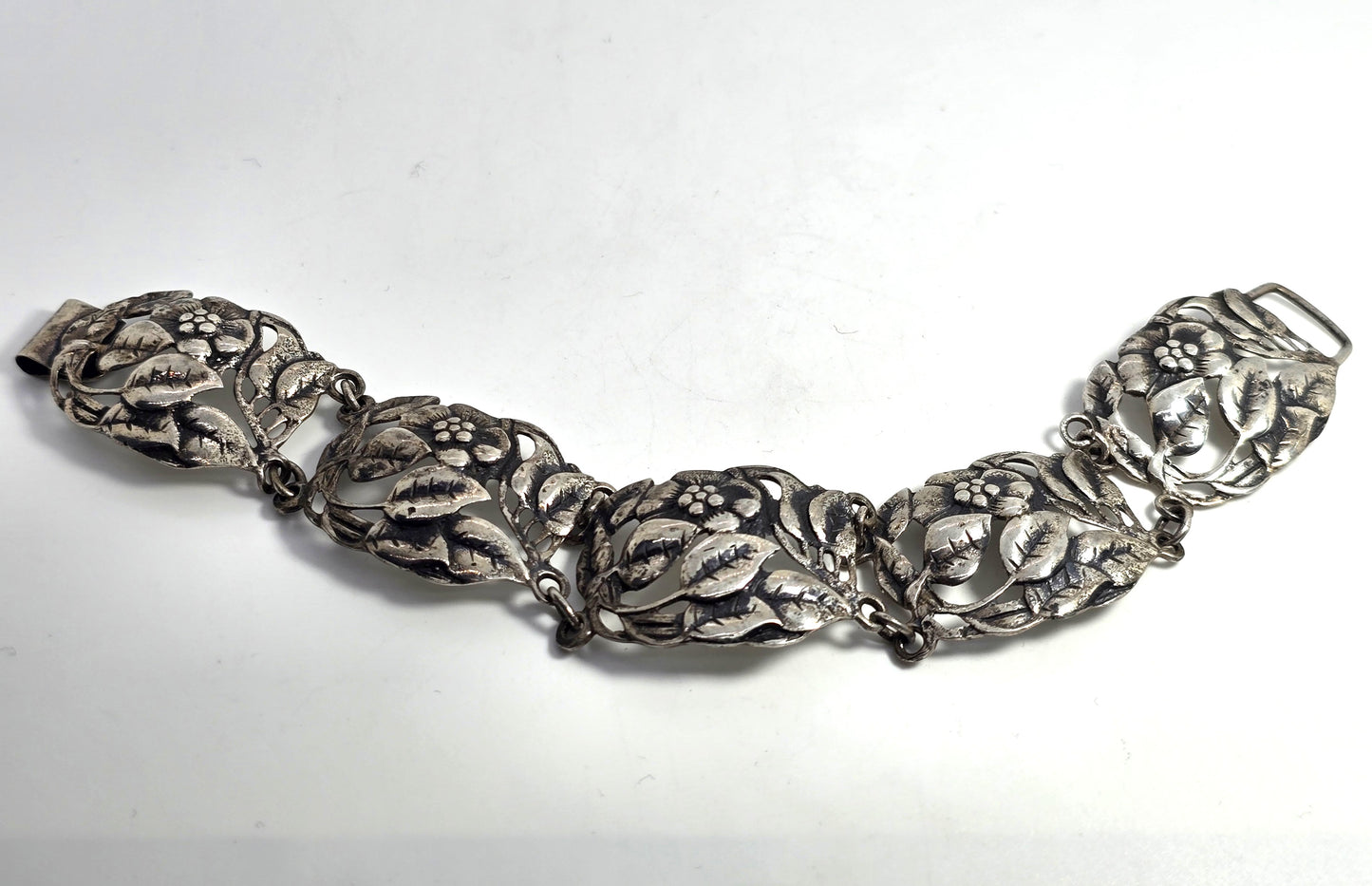 Danecraft FCo Art Deco Flower panel Sterling silver vintage signed 7" bracelet