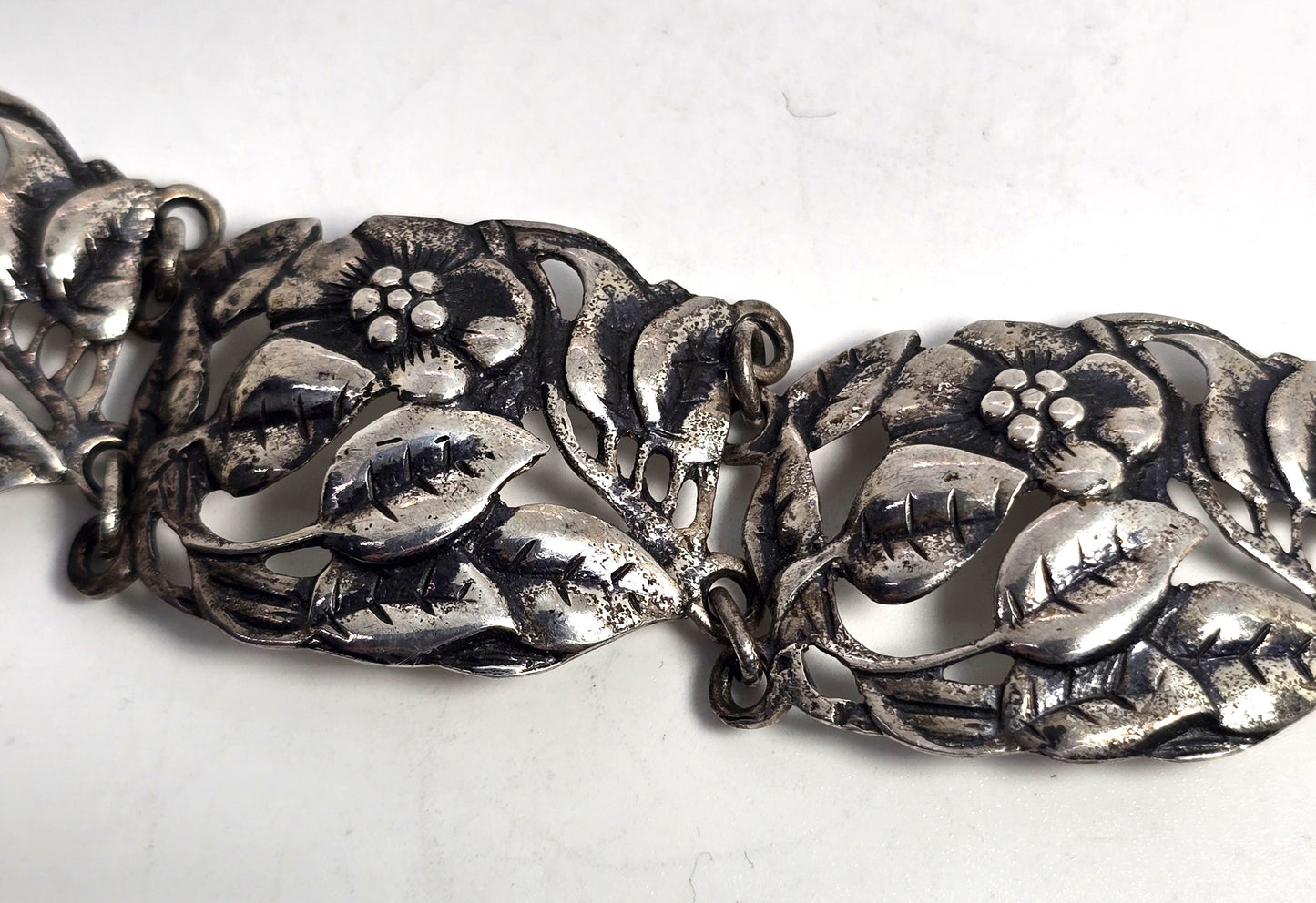 Danecraft FCo Art Deco Flower panel Sterling silver vintage signed 7" bracelet