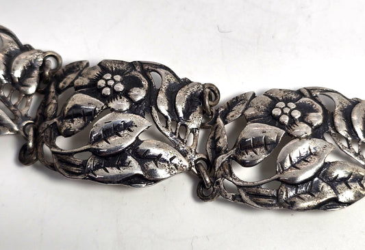 Danecraft FCo Art Deco Flower panel Sterling silver vintage signed 7" bracelet