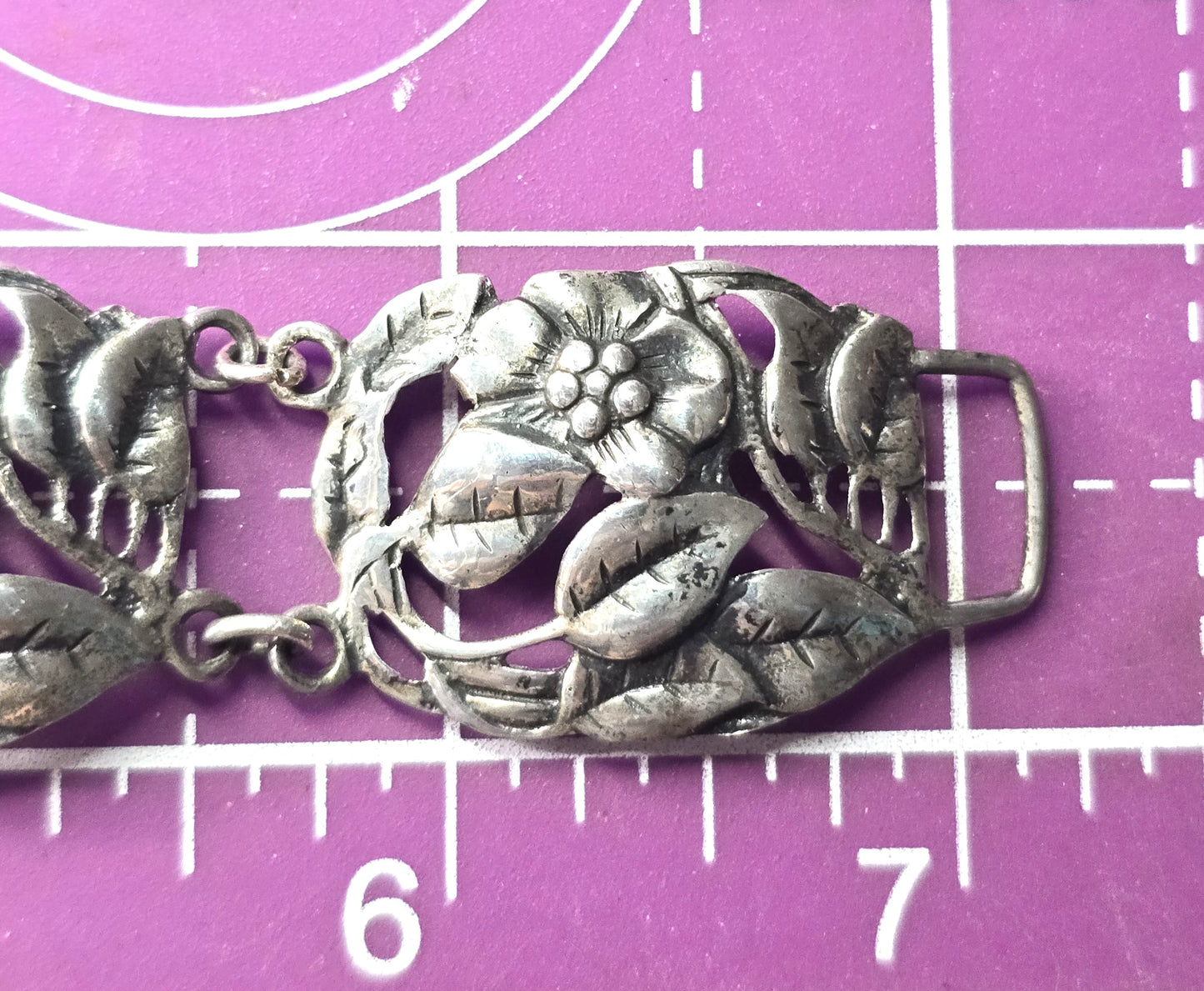 Danecraft FCo Art Deco Flower panel Sterling silver vintage signed 7" bracelet