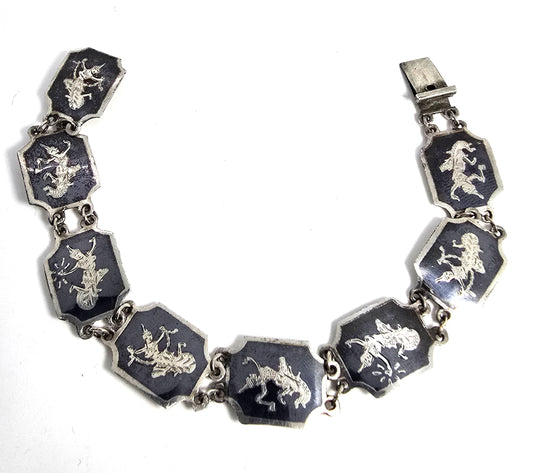 Siam Black Nielloware enamel Sheild Mekkala vintage sterling silver bracelet
