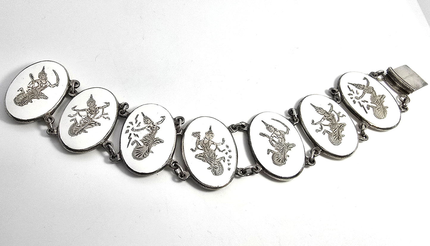 Siam White Nielloware enamel Deity Melaka Oval vintage sterling silver bracelet