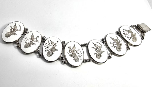 Siam White Nielloware enamel Deity Melaka Oval vintage sterling silver bracelet