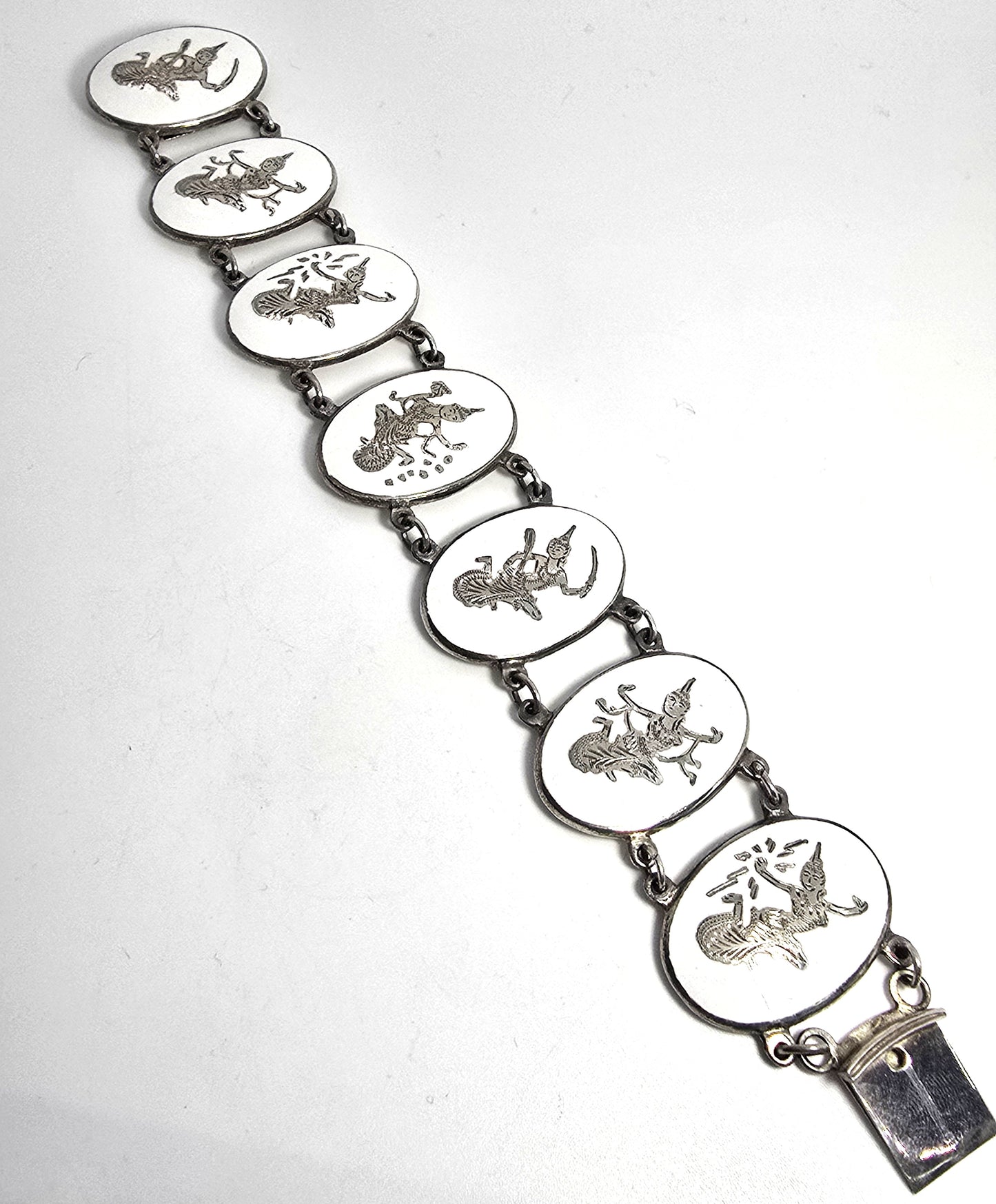 Siam White Nielloware enamel Deity Melaka Oval vintage sterling silver bracelet