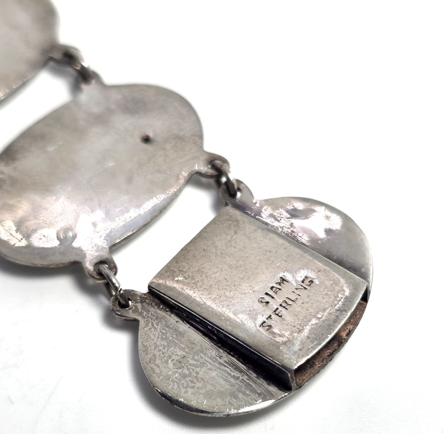 Siam White Nielloware enamel Deity Melaka Oval vintage sterling silver bracelet