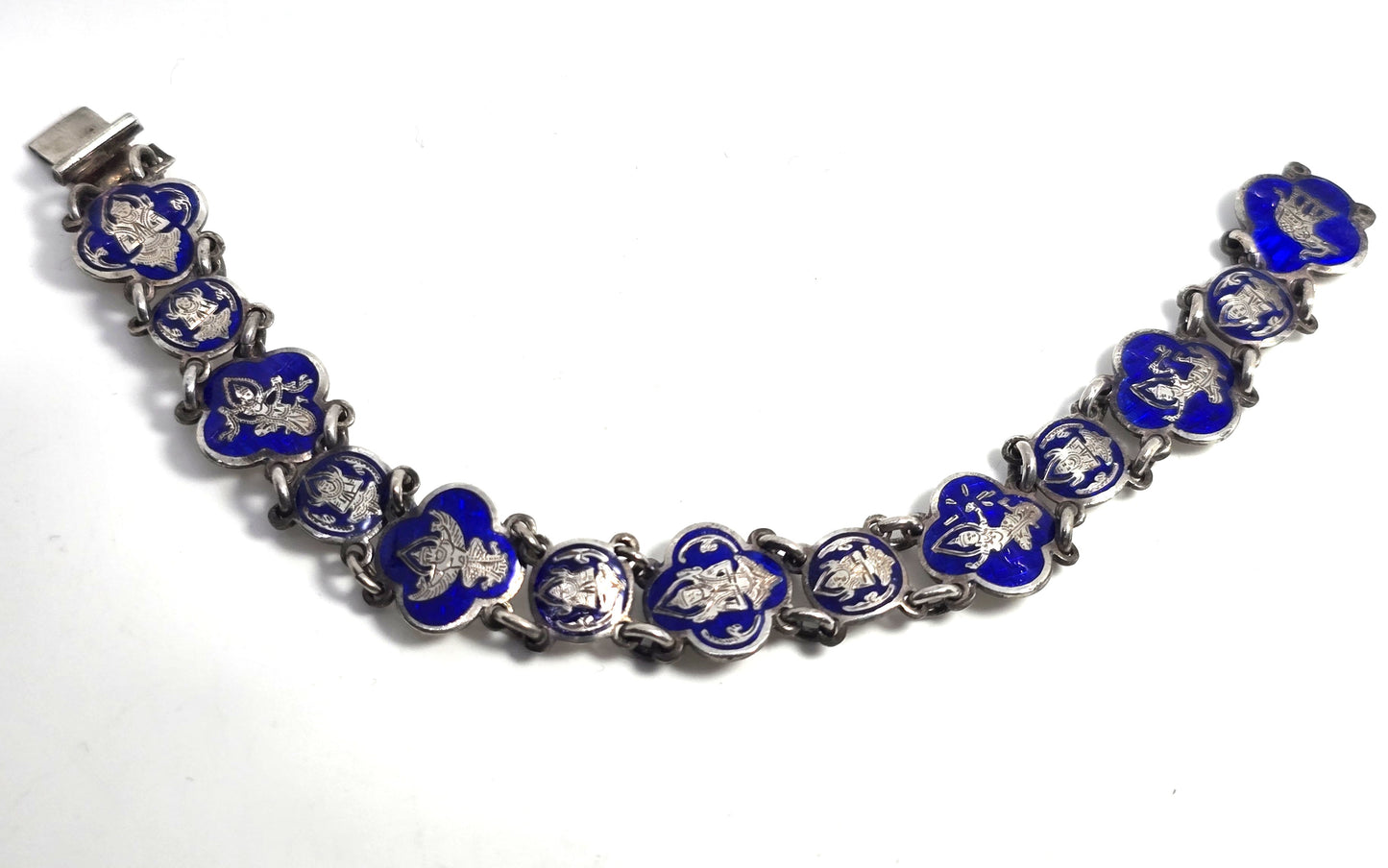 Siam Guilloche dark blue enamel Deity vintage sterling silver bangle bracelet