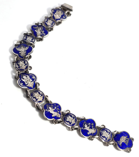 Siam Guilloche dark blue enamel Deity vintage sterling silver bangle bracelet