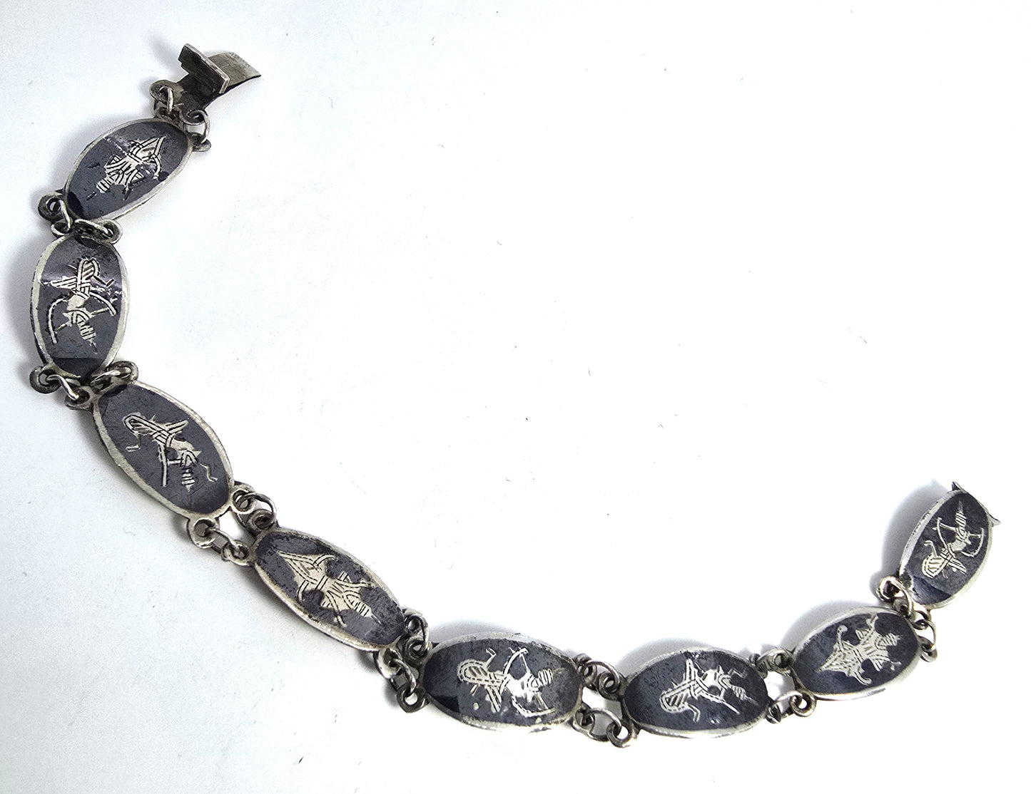 Siam Black Nielloware enamel thin deity vintage sterling silver bracelet
